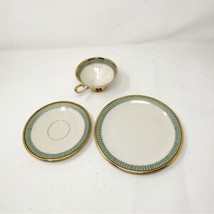 Bavaria W. Germany Eberthal 3 Piece Tea Cup Saucer Plate Green Gold Gilt Bands